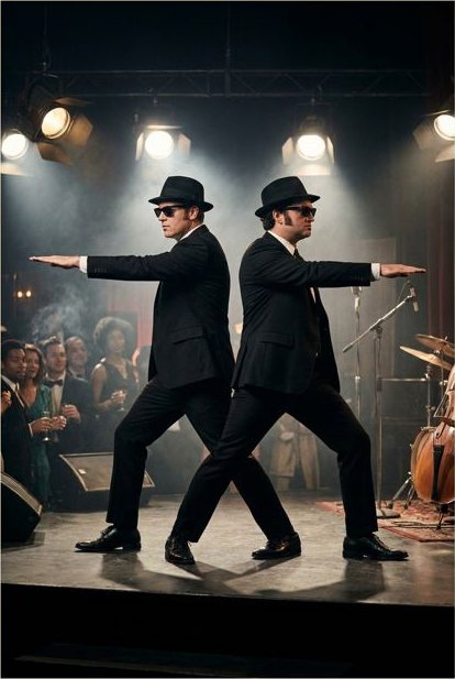 La pose culte des « Blues Brothers » : deux silhouettes en costume noir
